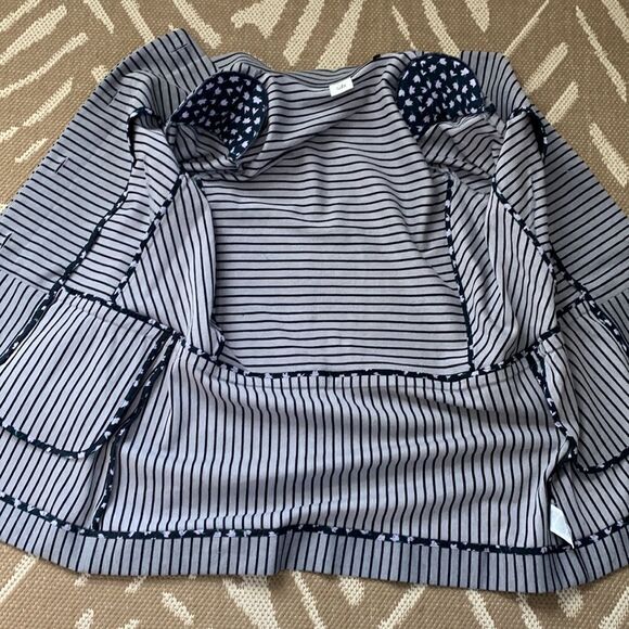 Cabi Grey And Navy Striped Hidden Button 3/4 Sleeve Coat Size L W/Shoulder Pads - Picture 12 of 17